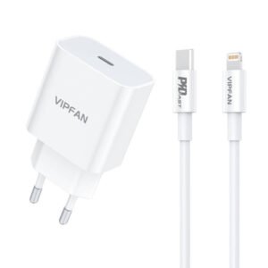 Sieninis įkroviklis Vipfan E04, USB-C, 20W, QC 3.0 + Lightning laidas (baltas)