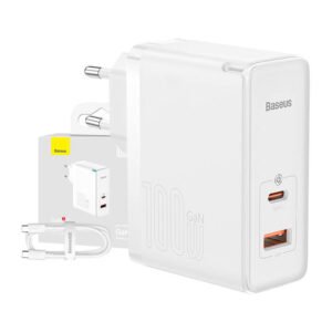 Sieninis įkroviklis Baseus GaN5 Pro USB-C + USB, 100W + 1m laidas (baltas)