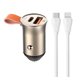 Automobilinis įkroviklis LDNIO C509Q, USB + USB-C, 30 W + laidas USB-C į Lightning (auksinis)