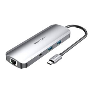 USB-C prijungimo stotis prie HDMI, USB-C, 2x USB3.0, RJ45, SD, TF, TRRS 3,5 mm, PD 0,15 m Vention TOMHB (pilka)