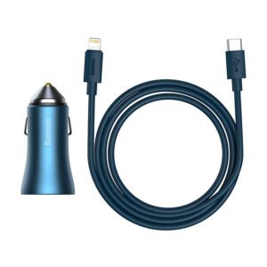 Baseus Golden Contactor Pro car charger, USB + USB-C, QC4.0+, PD, SCP, 40W (blue) + USB-C - Lightning cable 1m (blue)