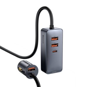 Car charger Baseus Share Together with extension cord, 3x USB, USB-C, 120W (grey)