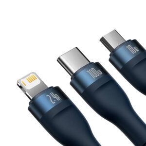 3in1 USB cable Baseus Flash Series, USB-C + micro USB + Lightning, 100W, 1.2m (blue)